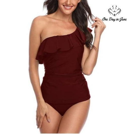 Yonique One Shoulder Ruffled Tankini Size M