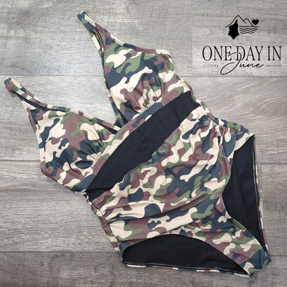 Adisputent Camo Mesh Cutout One Piece Swimsuit Plunge Neck Ruched Size L