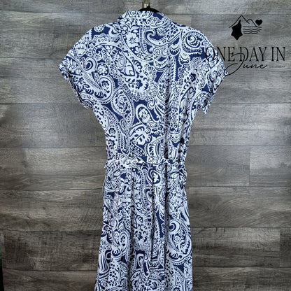 Talbots Paisley Button Front Belted Midi Shirtdress Navy White NWT Size 14
