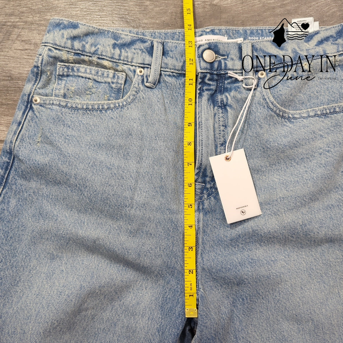 Good American Good Standard Bermuda Shorts Raw Hem Indigo NWT Size 8