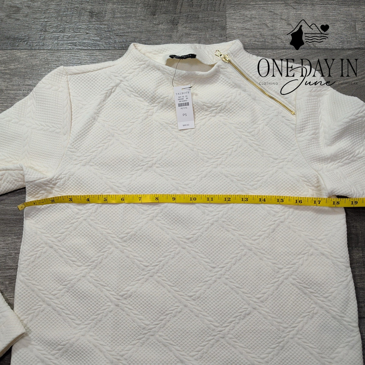 Talbots Petite Textured Jacquard Sweatshirt Side Zip Ivory NWT $89.50 Size PS