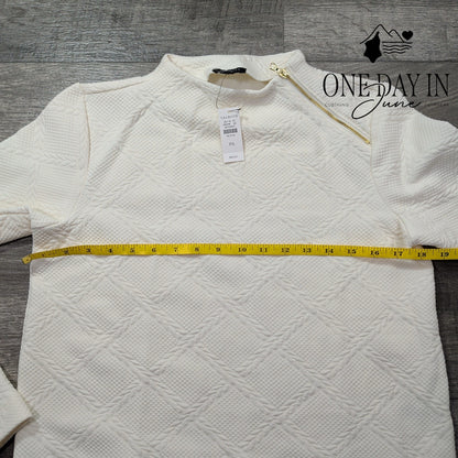 Talbots Petite Textured Jacquard Sweatshirt Side Zip Ivory NWT $89.50 Size PS