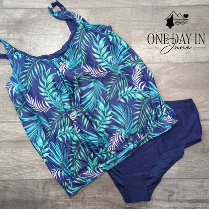 Yonique Tropical Blouson Tankini Swimsuit Size XXL