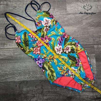 Coastal Blue Strappy Back Floral One Piece Swimsuit Size S