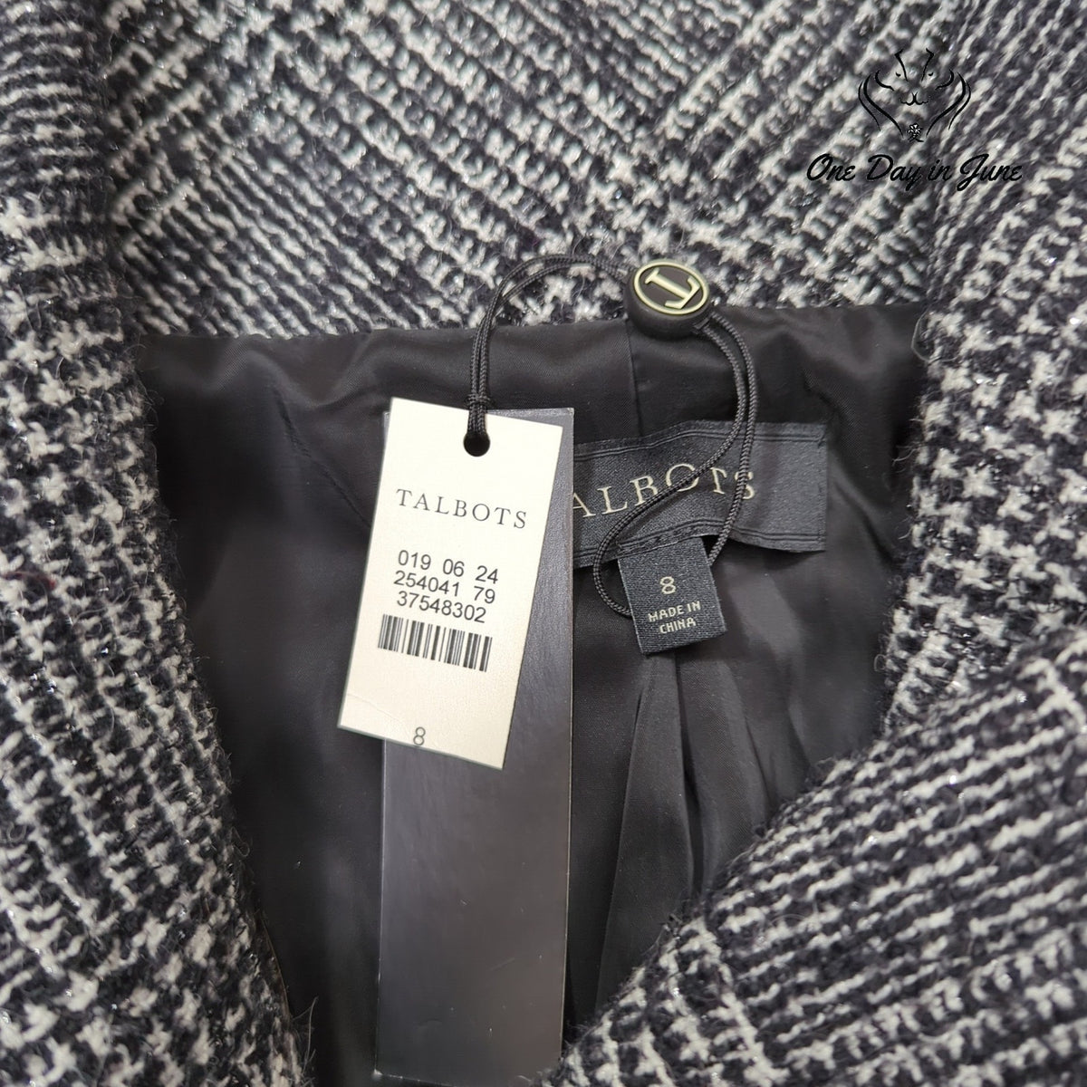 Talbots Black White Plaid Wool Blend Button Front Blazer Jacket NWT Size 8