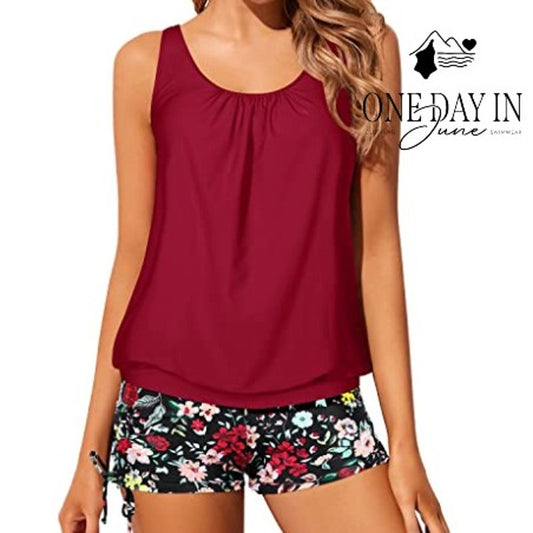Yonique Boyshort Blouson Tankini Swimsuit Size L