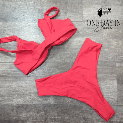 Aleumdr High Cut Knot Front Cheeky Bikini Swimsuit Size L