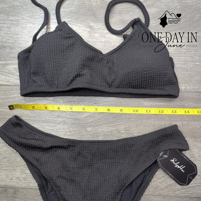 Soly Hux Smocked Textured Crop Bikini Swimsuit Black 2 Piece NWT Size S