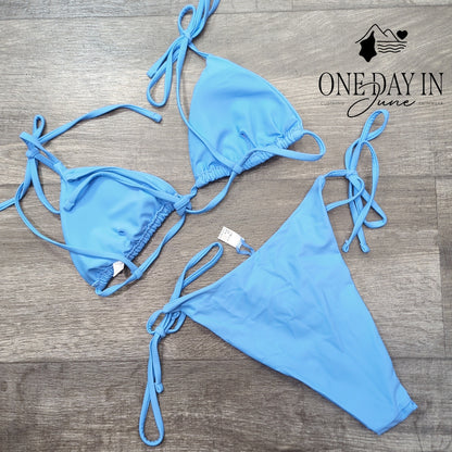 Adisputent Triangle Bikini Swimsuit Blue Adjustable Tie Side 2 Piece Size XS
