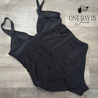 Zando Black Mesh Cutout One Piece Swimsuit V Neck Ruched Size XL