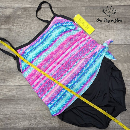 Sportswear Double Up Tankini Swimsuit Pink Blue Print Black NWT Size L