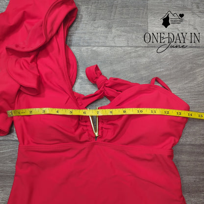 Sporlike Red Ruffle One Shoulder Tie Back One Piece Swimsuit NWT Size S