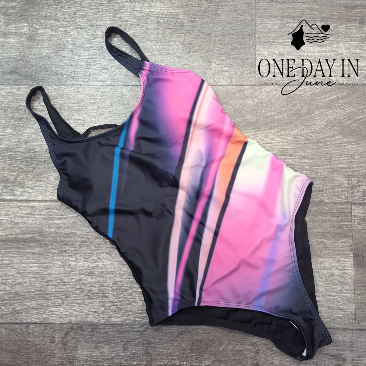 CharmLeaks Crossback One Piece Swimsuit Black Pink Abstract Stripe Size S