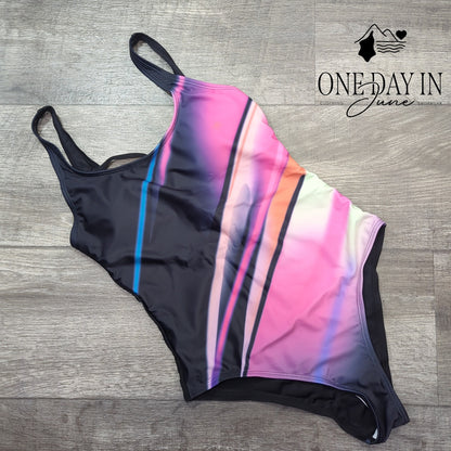 CharmLeaks Crossback One Piece Swimsuit Black Pink Abstract Stripe Size S