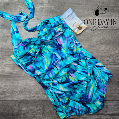Trimshaper DreamShaper Halter One Piece Swimsuit Blue Abstract NWT Size 12