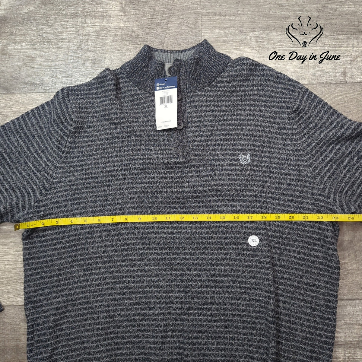 Chaps Button Mock Neck Stripe Sweater Charcoal Gray Elbow Patch NWT $70 Size XL