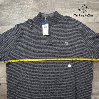 Chaps Button Mock Neck Stripe Sweater Charcoal Gray Elbow Patch NWT $70 Size XL