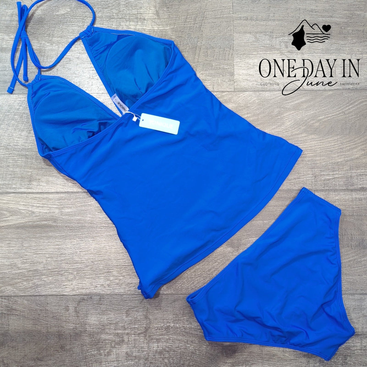 Yonique Halter Tankini Swimsuit Royal Blue Ruched Two Piece NWT Size S